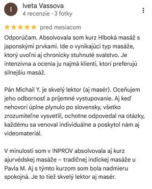 Referencie ku kurzu: Hlboká masáž s japonskými prvkami, Ajurvédska masáž – tradičná indická masáž od Iveta Vassova - Google Recenze